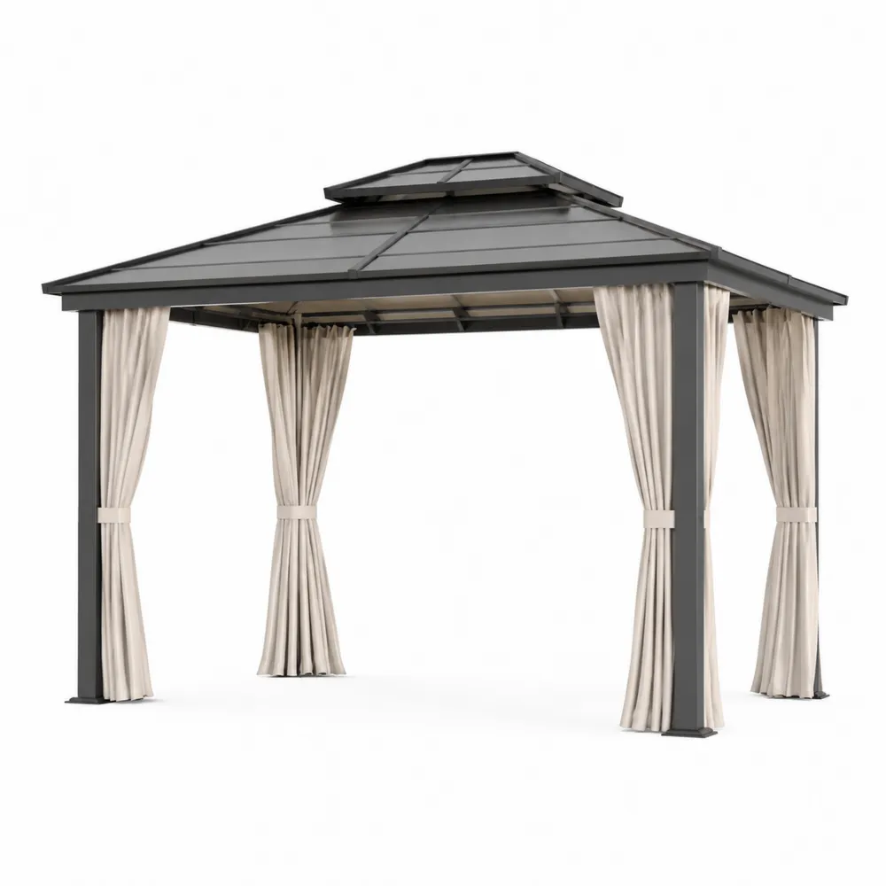 Gazebo in Alluminio con Copertura in Metallo e Tende in Poliestere