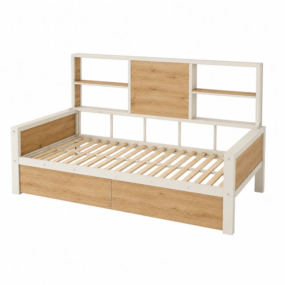 Letto Divano in Legno e Metallo con Scaffali Integrati