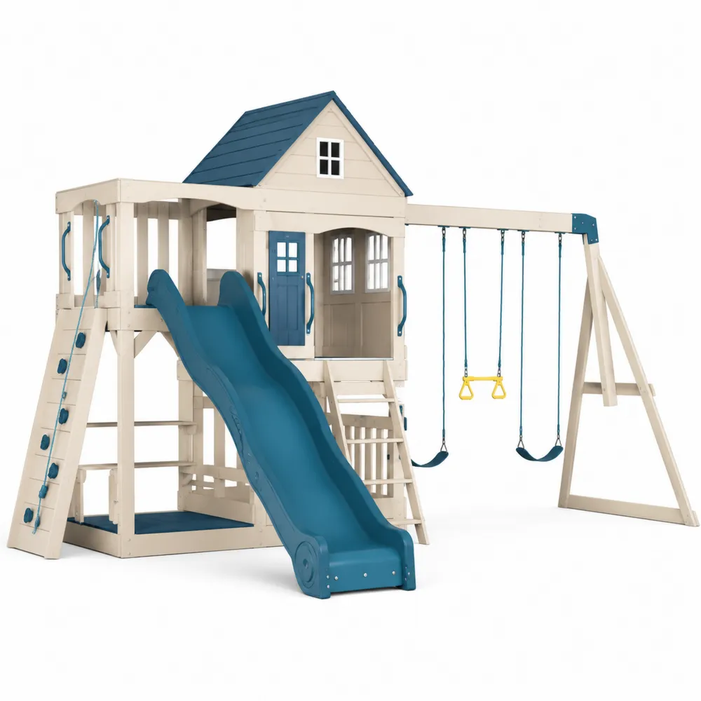 Parco giochi in legno per bambini con scivolo e altalene