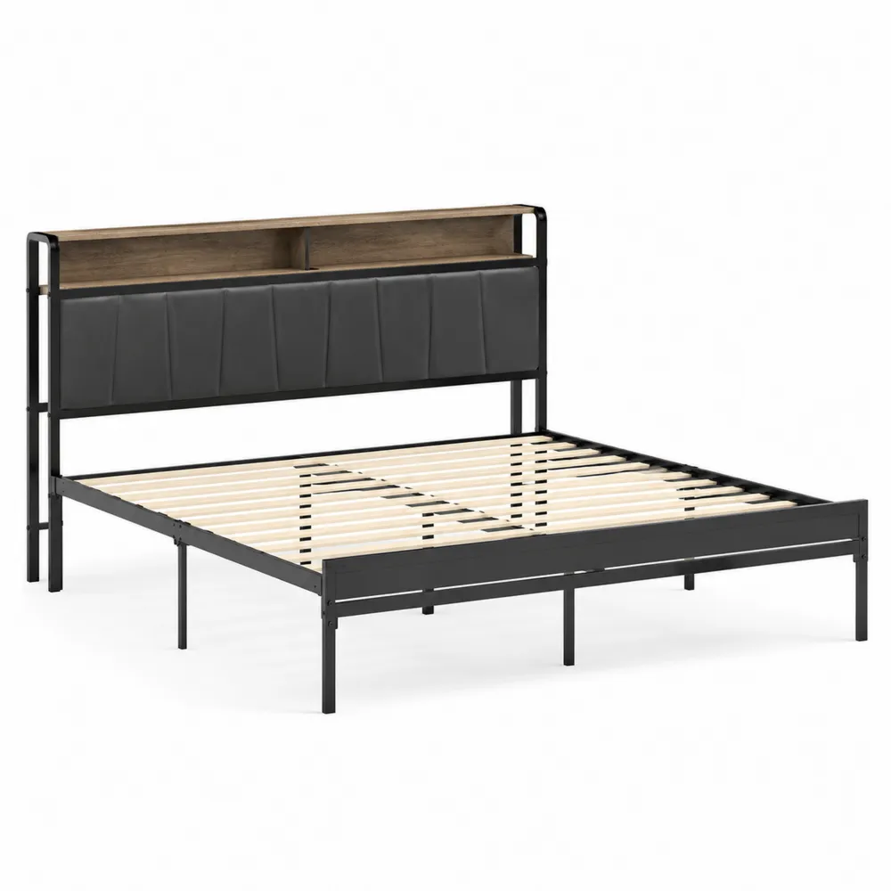 Letto Matrimoniale in Metallo con Ripiano in Legno