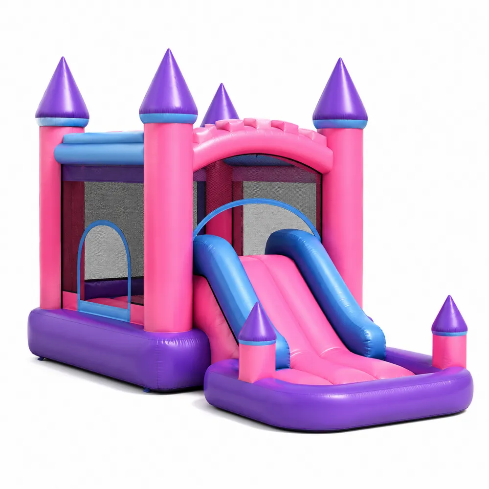 Castello gonfiabile con scivolo in PVC rosa, blu e viola
