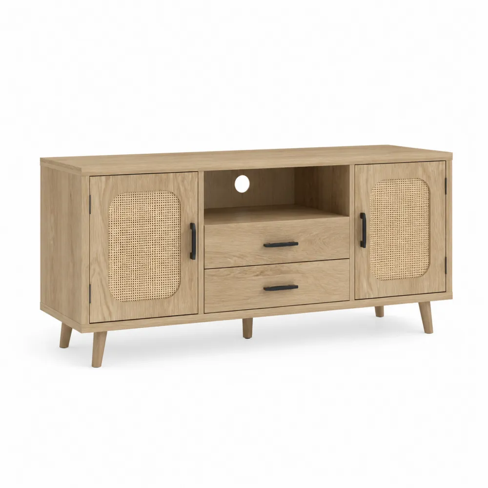 Mobile TV in legno massello e rattan, colore Naturale