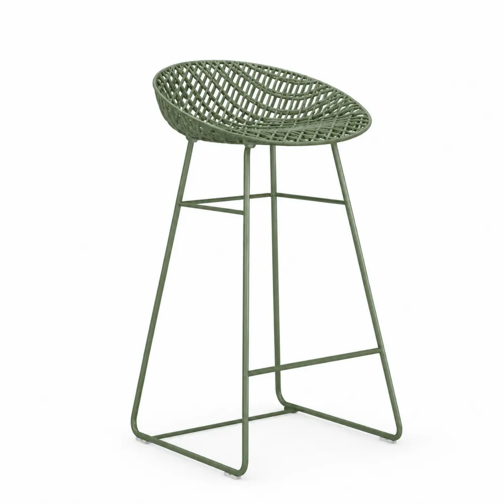 Sgabello da bar in metallo e polietilene intrecciato verde