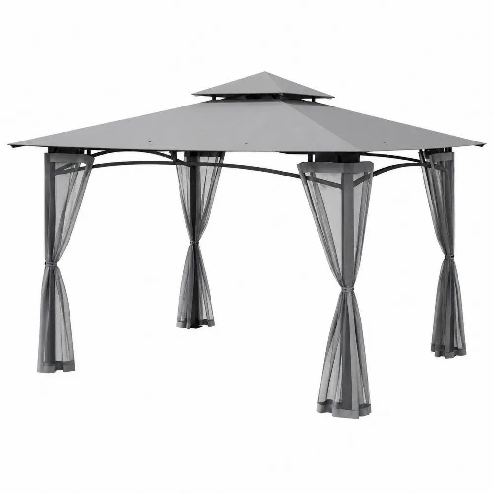 Gazebo in Acciaio con Tende in Poliestere Grigio 3x3 m