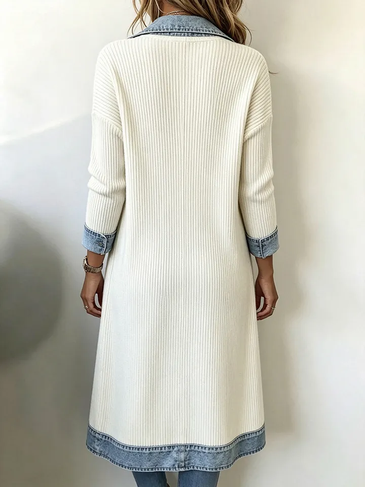 Casual Long-line Knit Cardigan With Denim And Ribbed Paneling