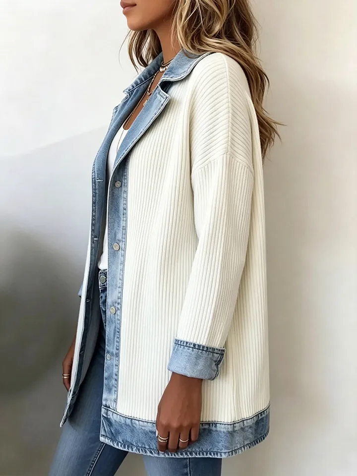 Elegant Mixed Media Denim Knit Cardigan Open Front Lapel Sweater Coat Mid Length Comfort Fit Outerwear