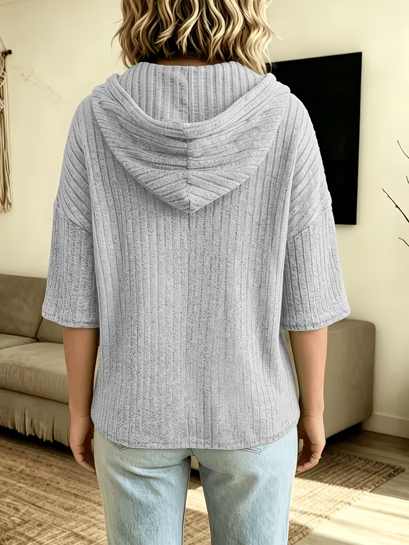 Cozy Ribbed Knit Drop Shoulder Hoodie Solid Color Casual Pullover Sweatshirt
