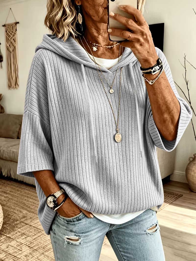 Cozy Ribbed Knit Drop Shoulder Hoodie Solid Color Casual Pullover Sweatshirt