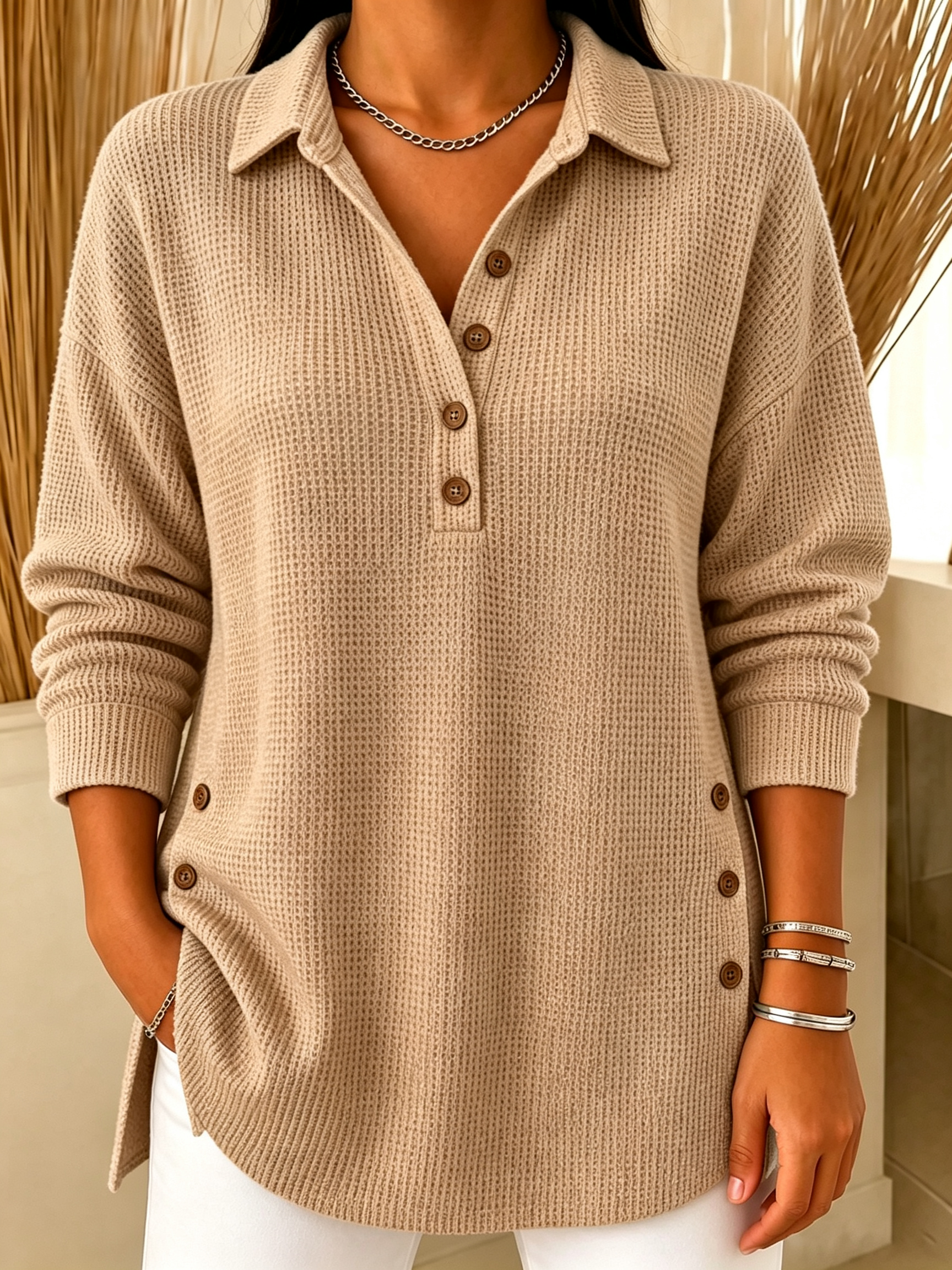 Chic Long Sleeve Waffle Knit Polo Sweater Casual Loose Henley Shirt