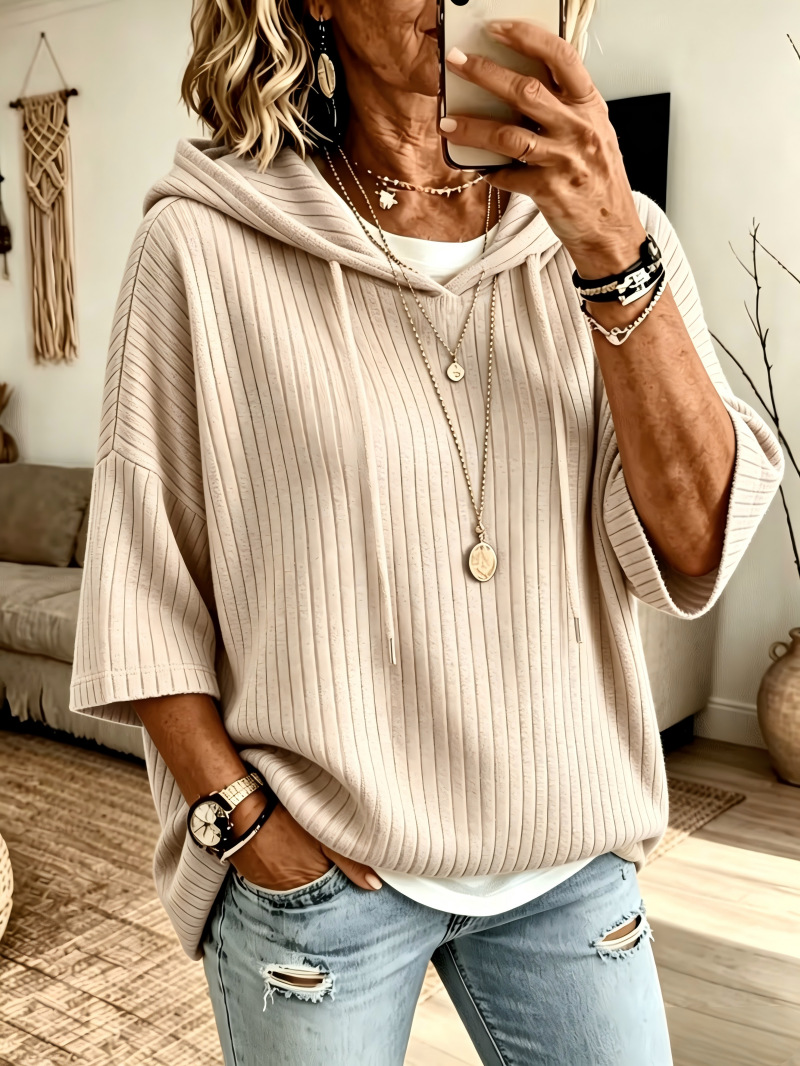 Cozy Ribbed Knit Drop Shoulder Hoodie Solid Color Casual Pullover Sweatshirt