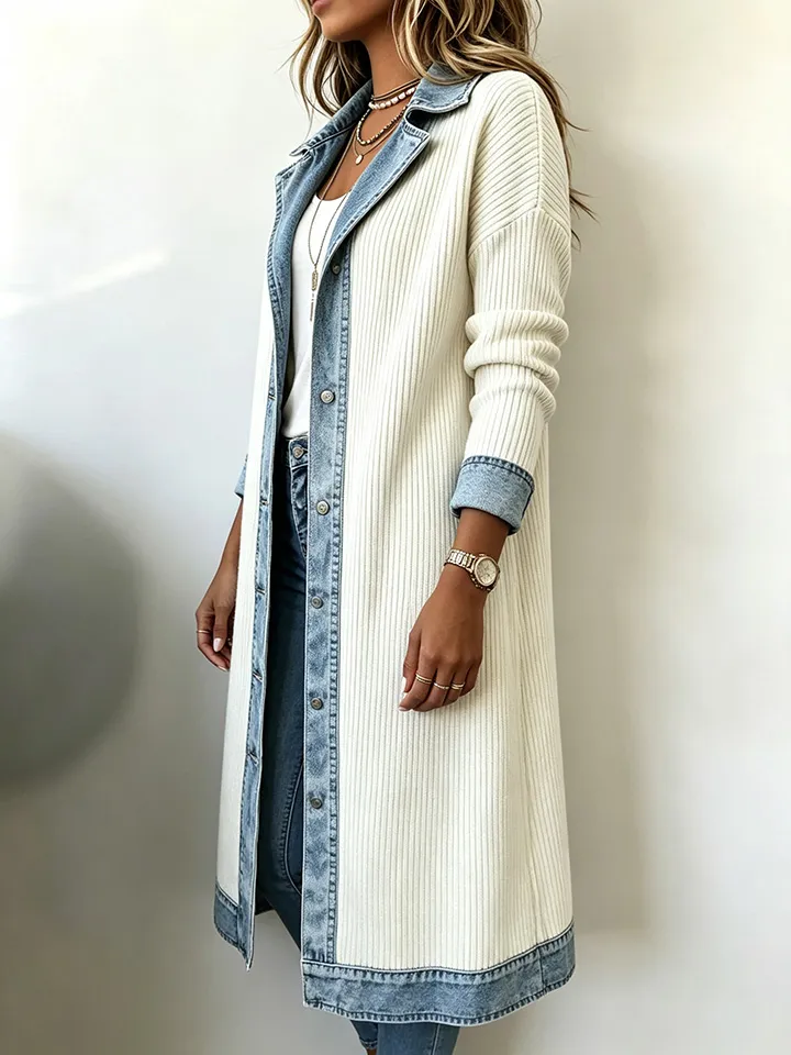 Casual Long-line Knit Cardigan With Denim And Ribbed Paneling