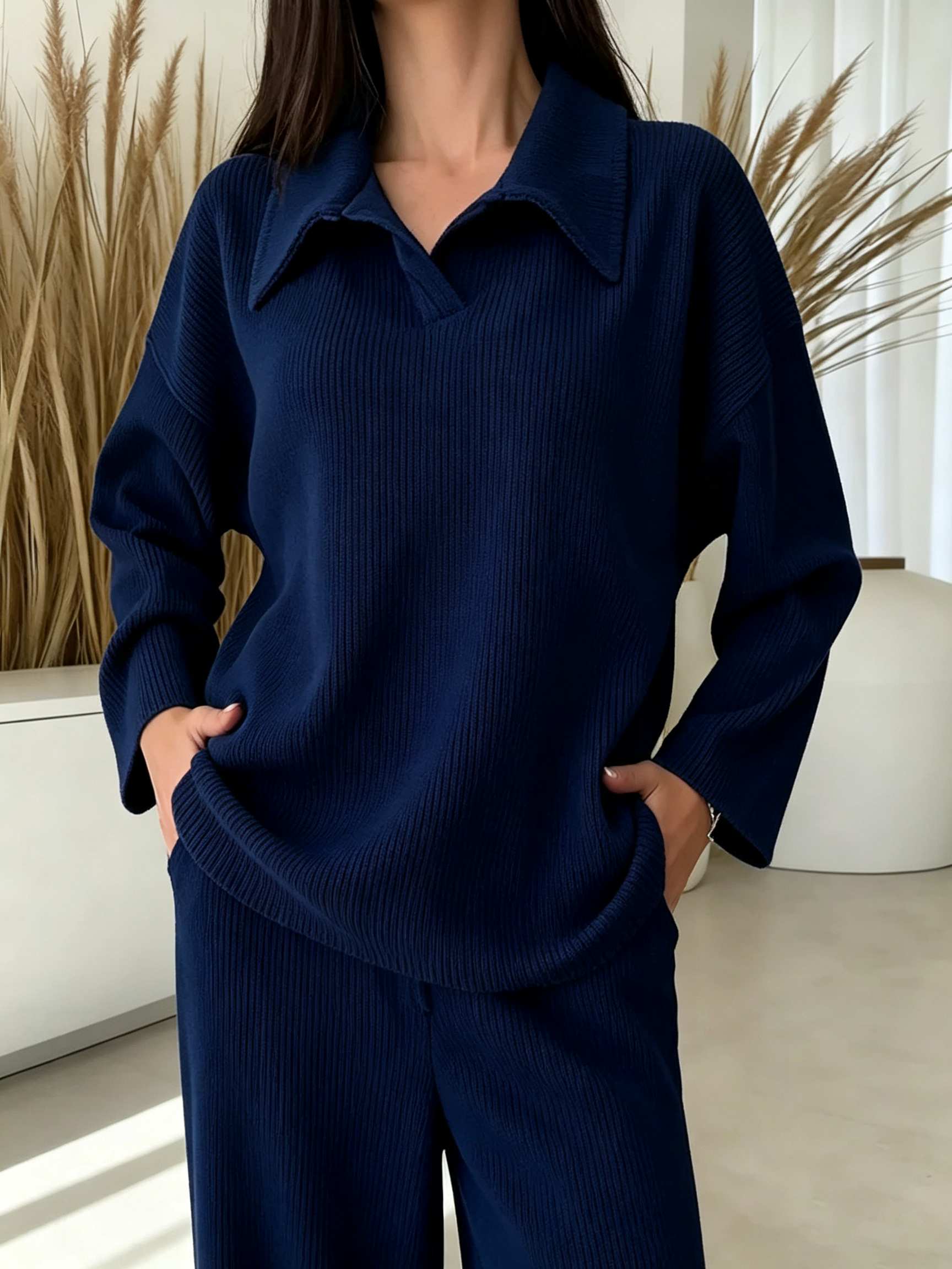 Women's Solid Color Collared Long-sleeved Casual Loose Top With Elastic Waist And Wide-leg Pants Set