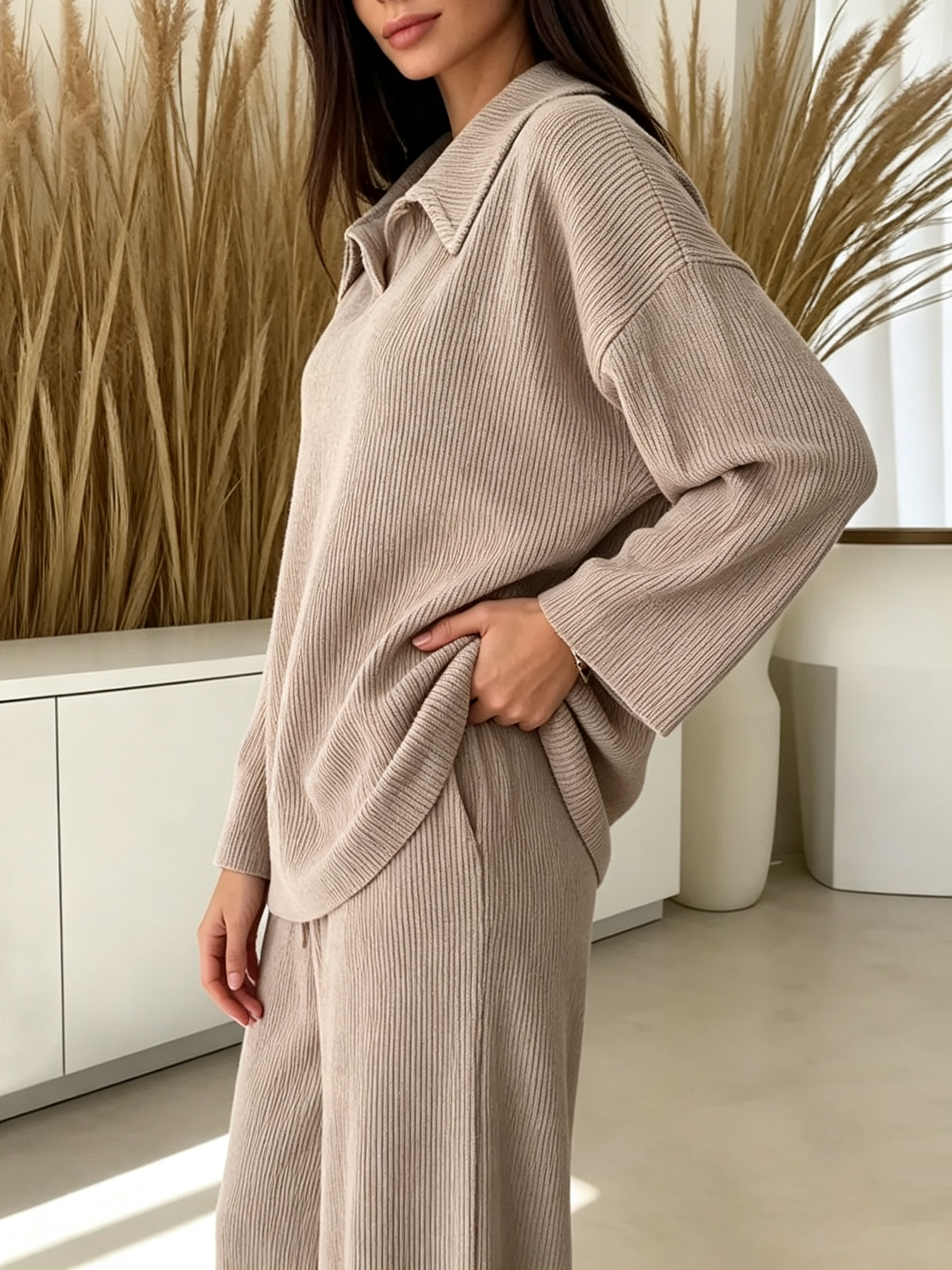 Women's Solid Color Collared Long-sleeved Casual Loose Top With Elastic Waist And Wide-leg Pants Set