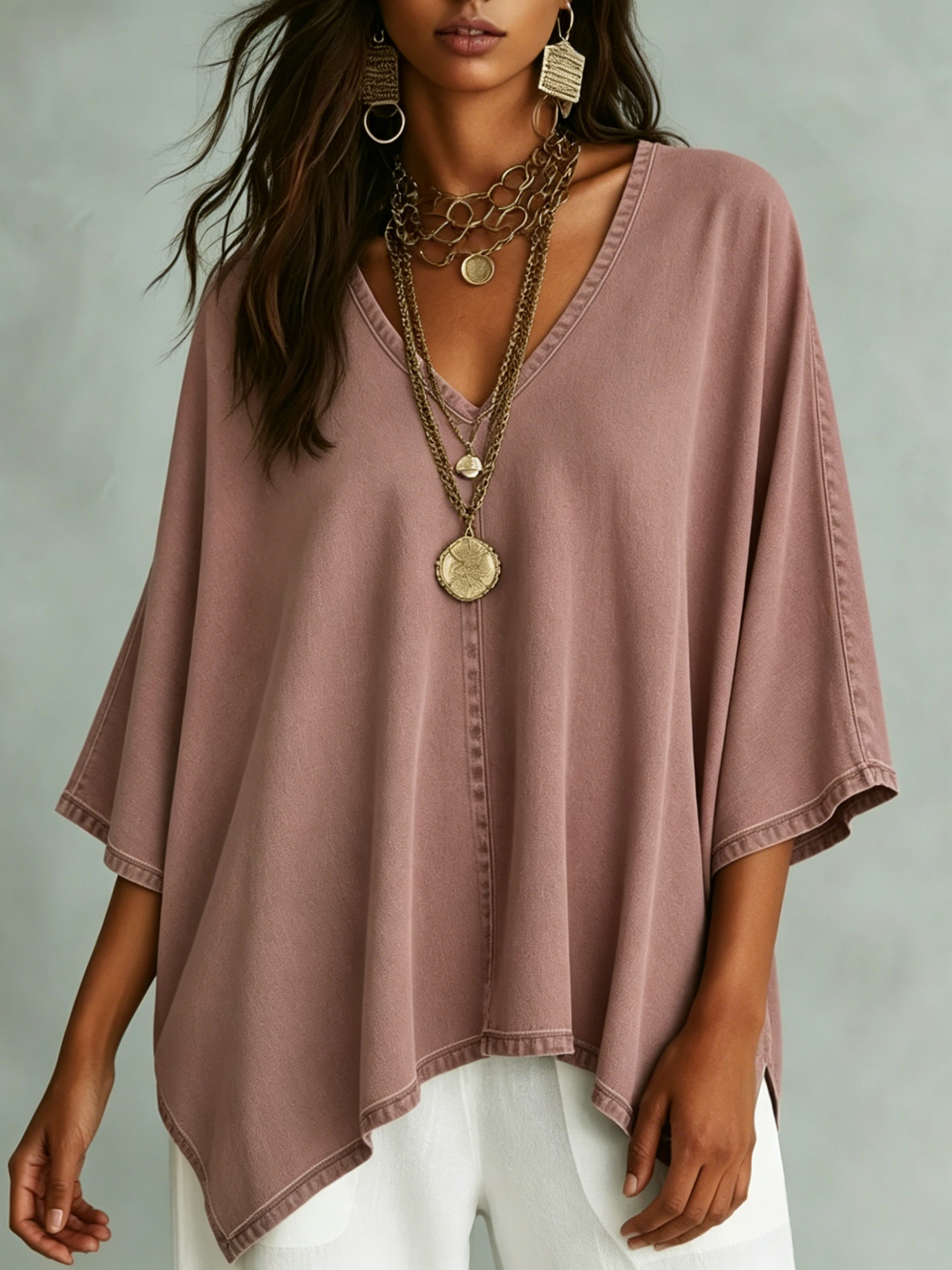 Women’s Relaxed V-Neck Chambray Blouse – Loose Fit & Plus-Size Friendly