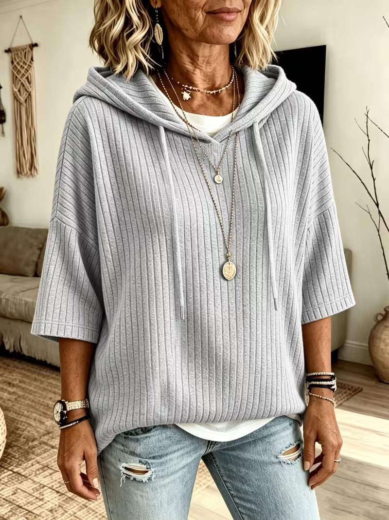 Cozy Ribbed Knit Drop Shoulder Hoodie Solid Color Casual Pullover Sweatshirt