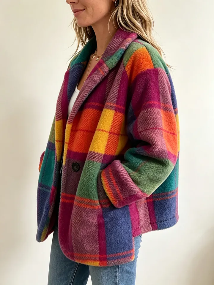 Vibrant Plaid Fuzzy Fleece Jacket