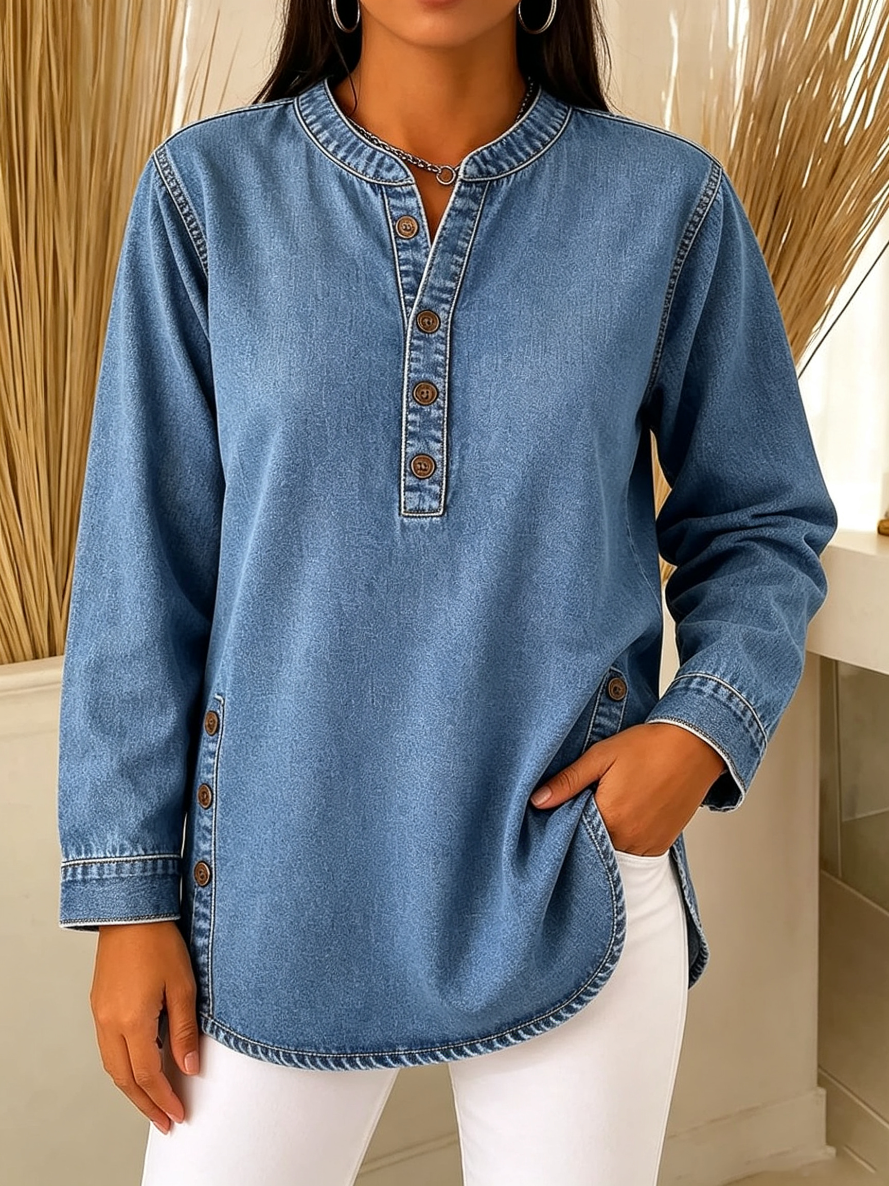 Women's Retro V-neck Long-sleeved Casual Button-up Loose Denim Top