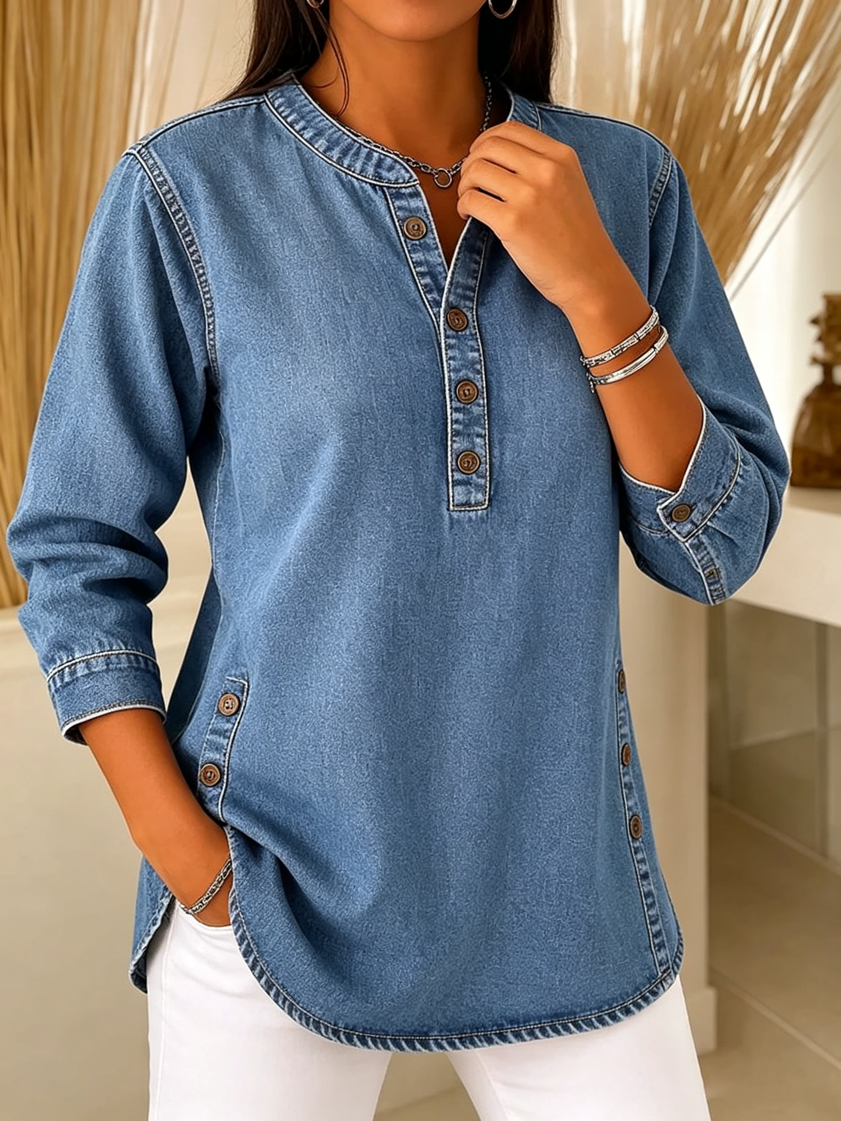 Women's Retro V-neck Long-sleeved Casual Button-up Loose Denim Top