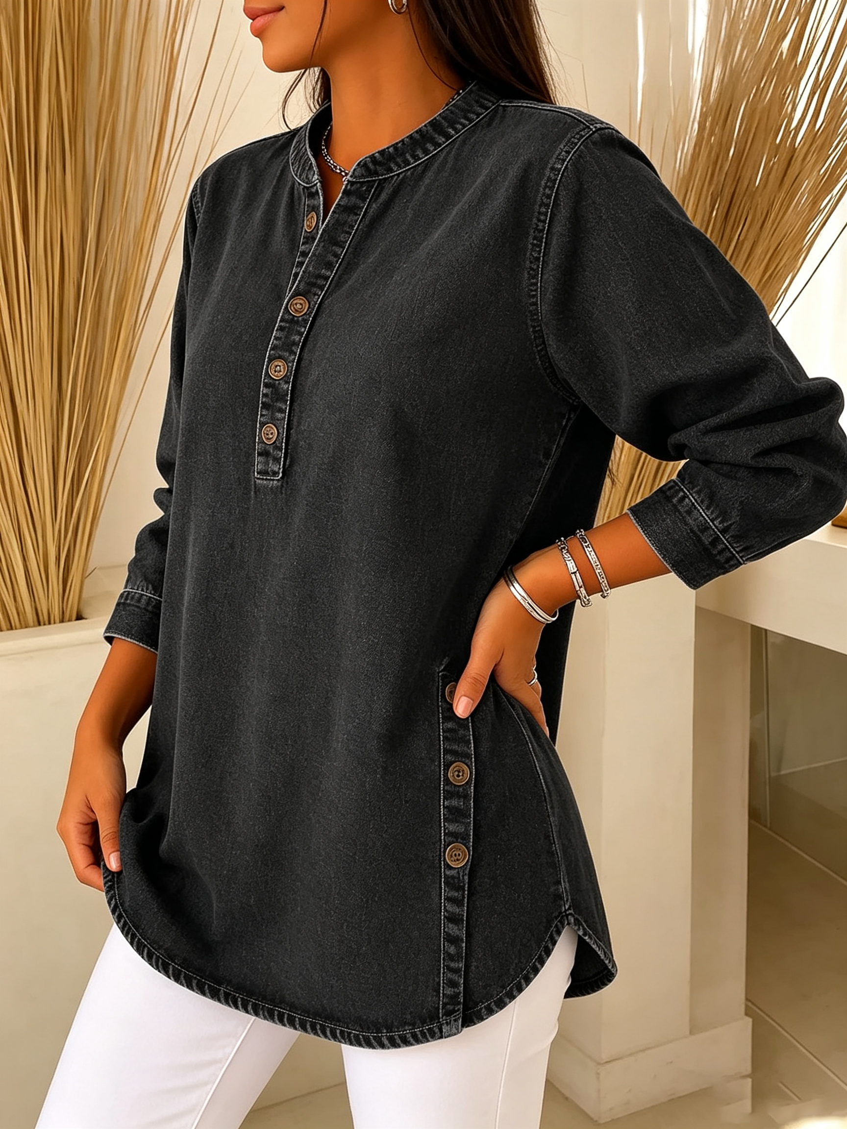 Women's Retro V-neck Long-sleeved Casual Button-up Loose Denim Top