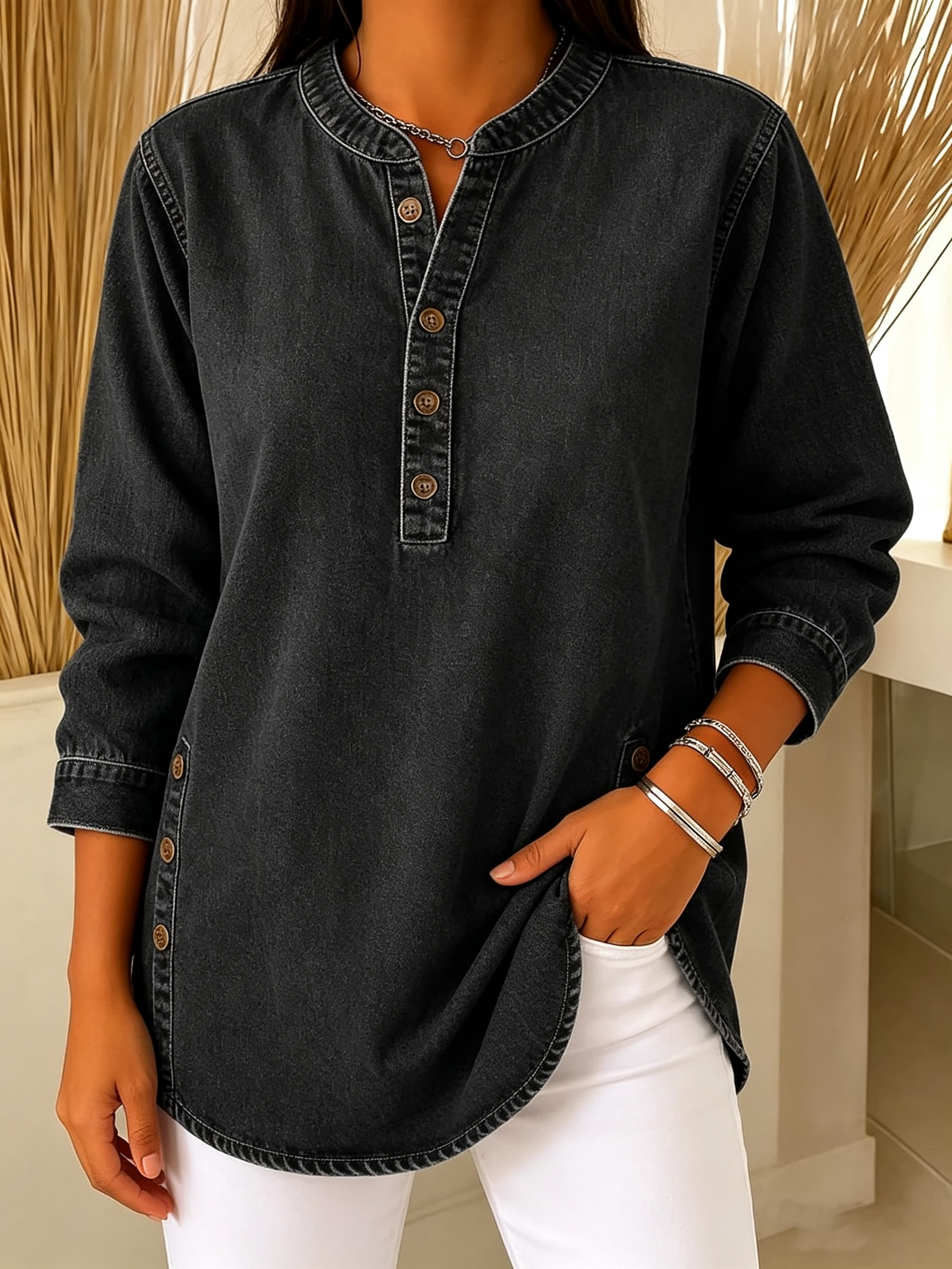 Women's Retro V-neck Long-sleeved Casual Button-up Loose Denim Top