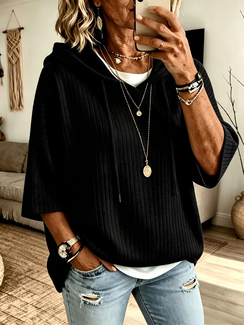 Cozy Ribbed Knit Drop Shoulder Hoodie Solid Color Casual Pullover Sweatshirt