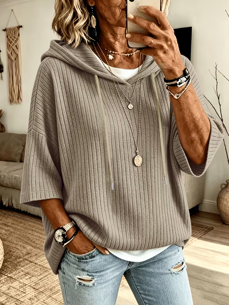 Cozy Ribbed Knit Drop Shoulder Hoodie Solid Color Casual Pullover Sweatshirt