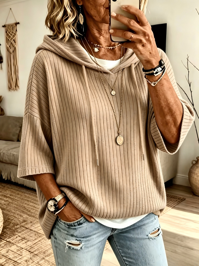 Cozy Ribbed Knit Drop Shoulder Hoodie Solid Color Casual Pullover Sweatshirt