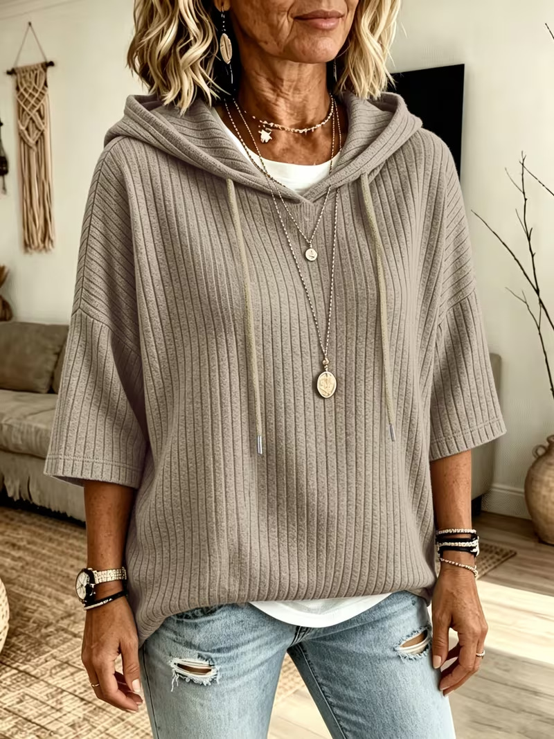 Cozy Ribbed Knit Drop Shoulder Hoodie Solid Color Casual Pullover Sweatshirt