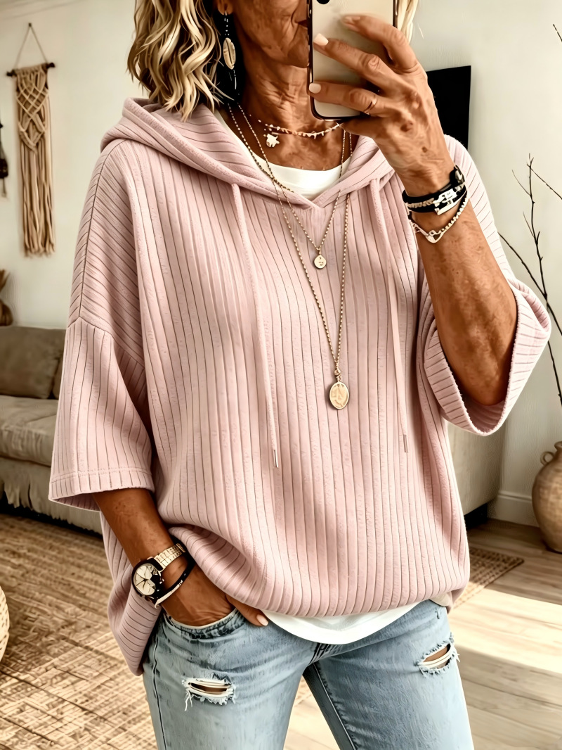Cozy Ribbed Knit Drop Shoulder Hoodie Solid Color Casual Pullover Sweatshirt