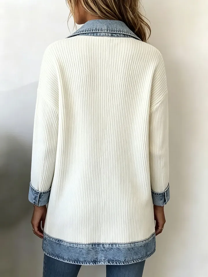 Elegant Mixed Media Denim Knit Cardigan Open Front Lapel Sweater Coat Mid Length Comfort Fit Outerwear