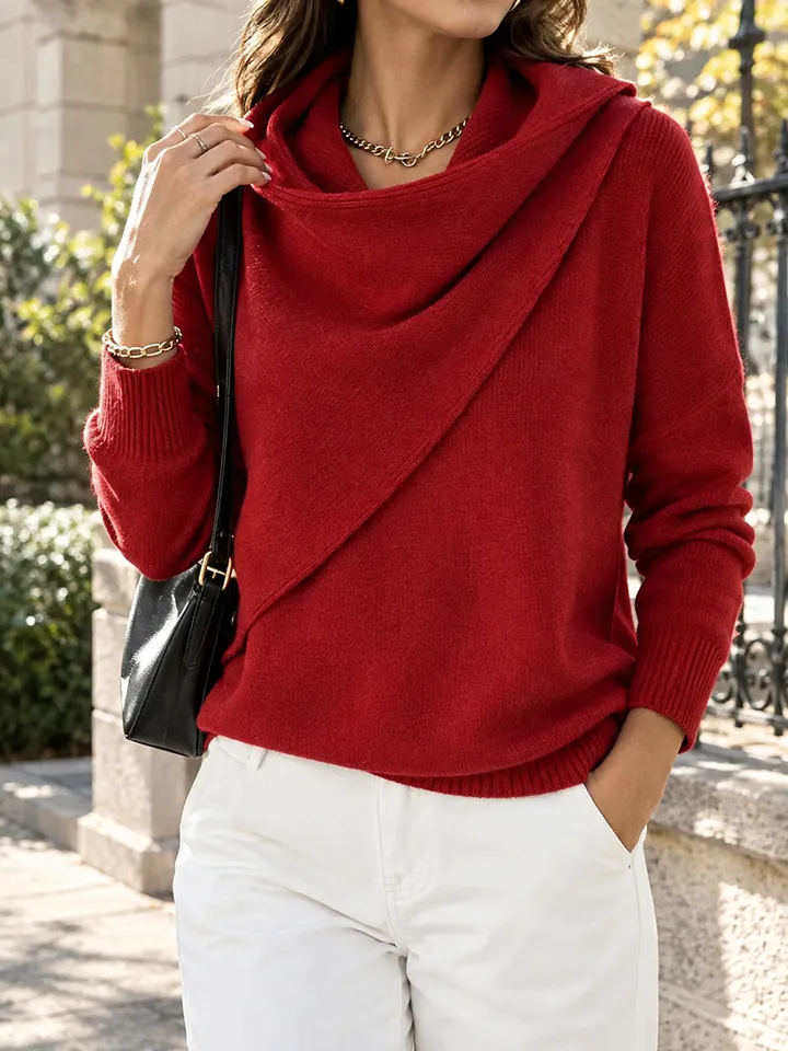 Women Cross Wrap Draped Cowl Neck Knit Pullover, Loose Long Sleeve Sweater