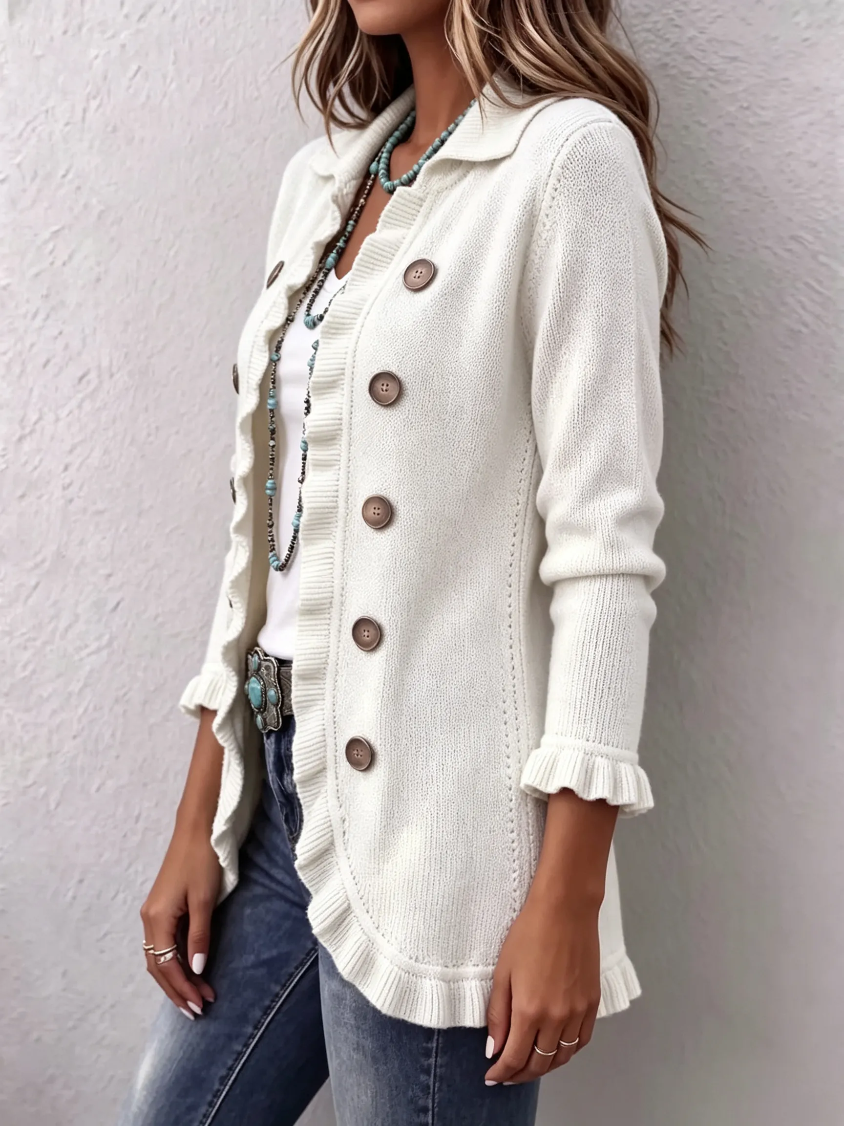 LAST DAY SAVE 49% ⏰Boho‑chic Ruffled Trim Double Breasted Lapel Knit Jacket
