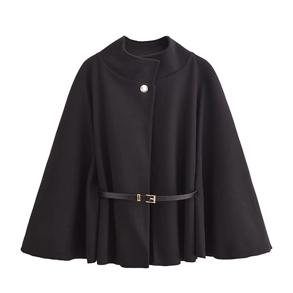 Women's Winter Fashion Casual Solid Color Waist Strap Woolen Cloak Jacket