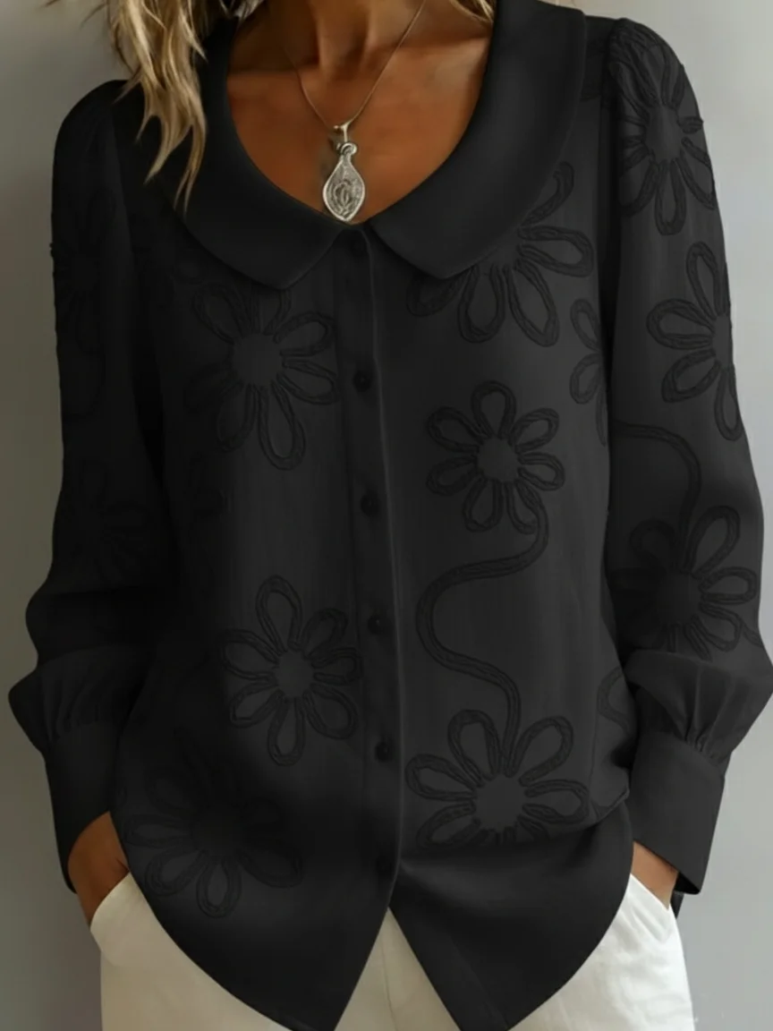 Vintage Peter Pan Collar Embroidered Floral Shirt