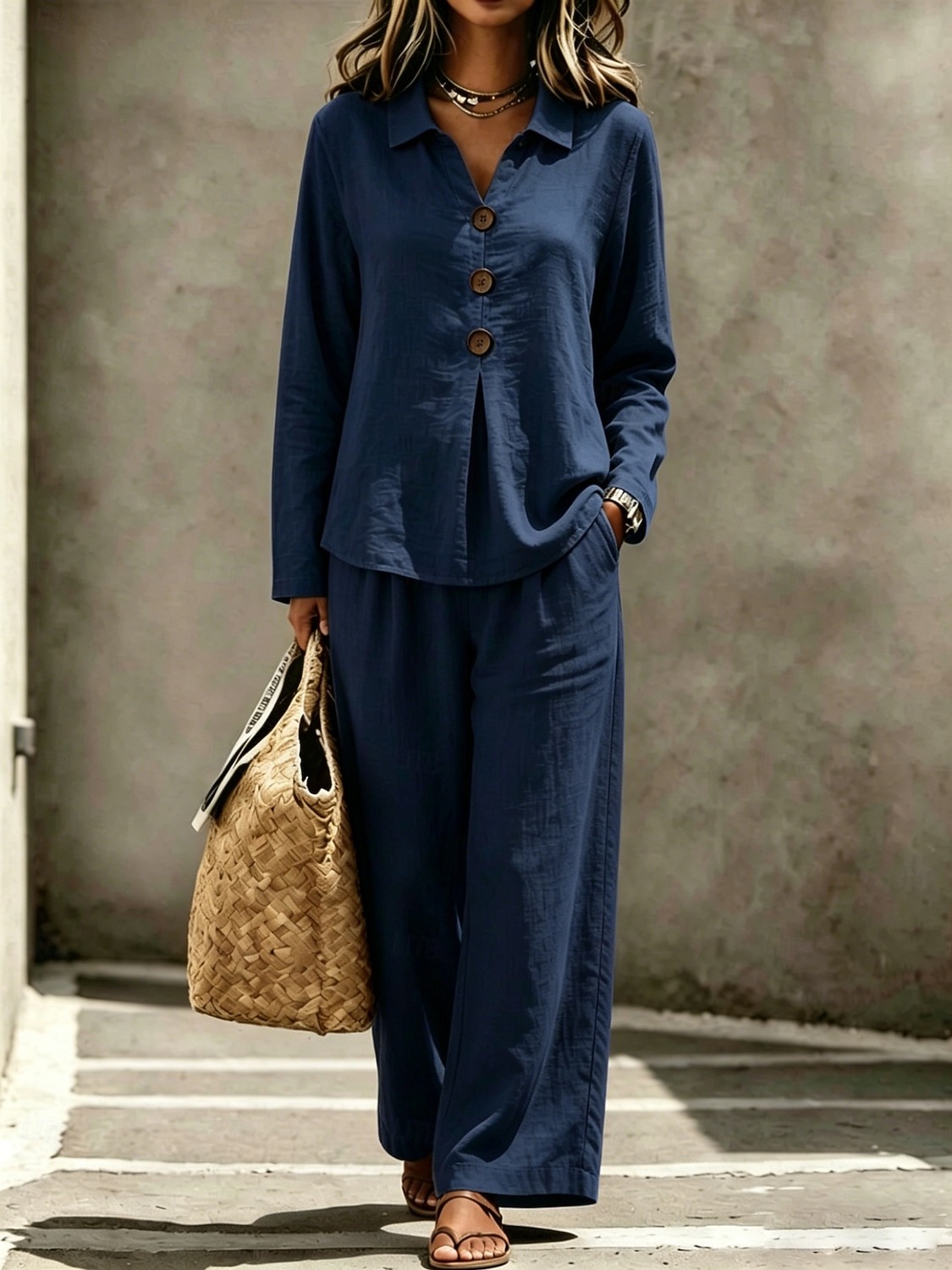 Casual Loose Fit Collared Long Sleeve Blouse Trouser Set 2PCS