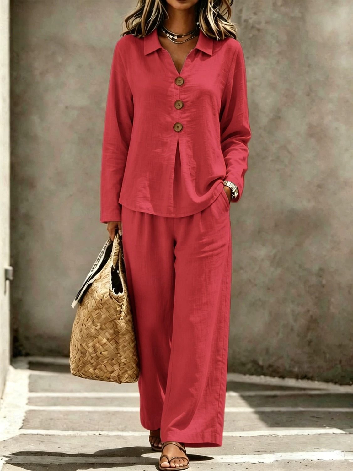 Casual Loose Fit Collared Long Sleeve Blouse Trouser Set 2PCS
