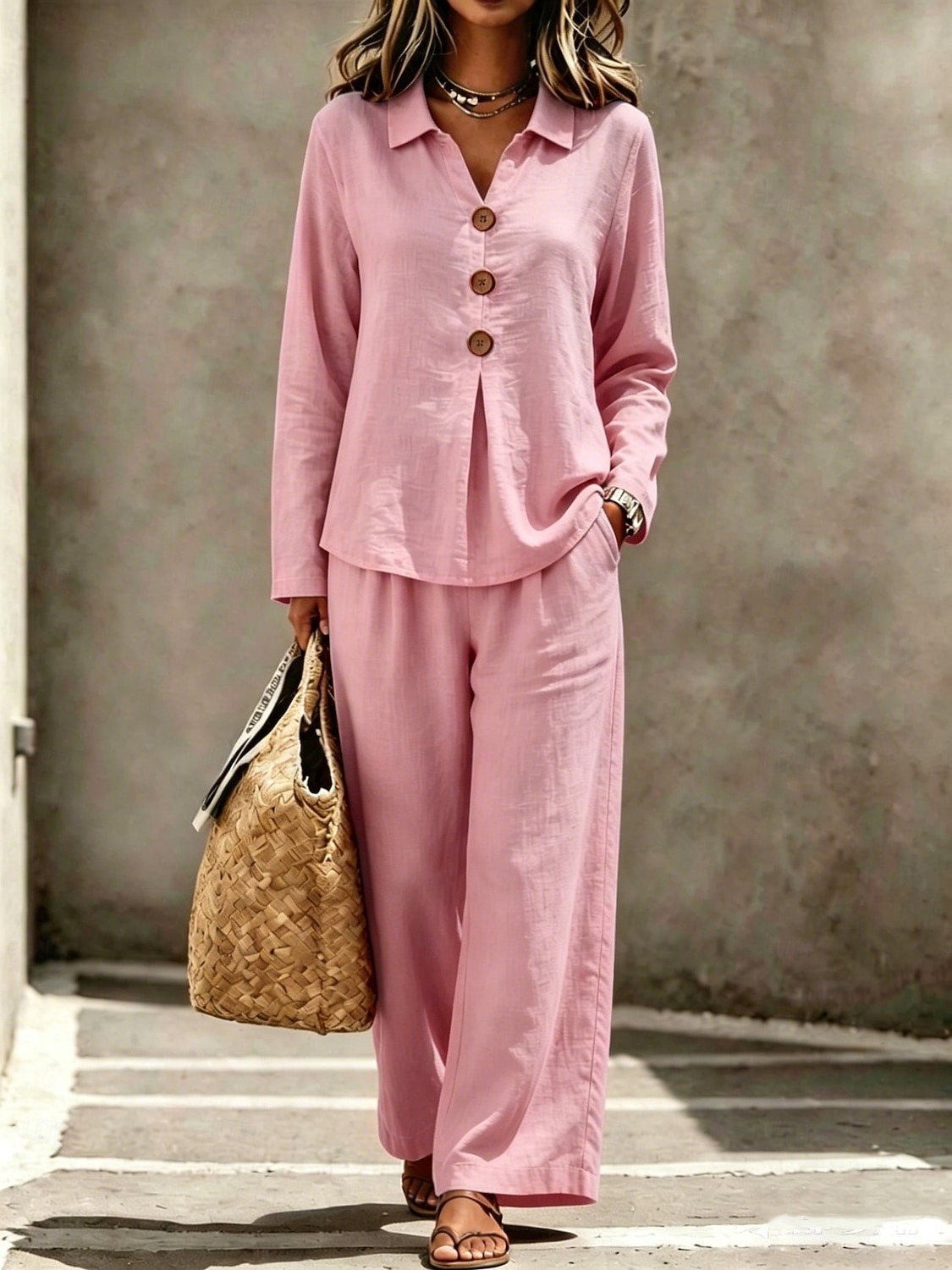 Casual Loose Fit Collared Long Sleeve Blouse Trouser Set 2PCS