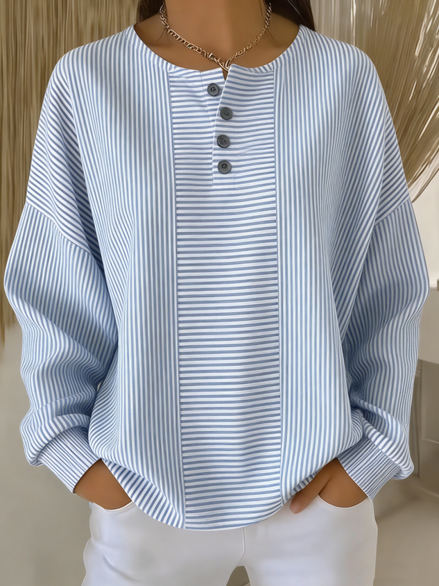 Classic Striped Sweatshirt Comfort Fit Loose Long Sleeve Pullover Casual Elegant Crewneck Top