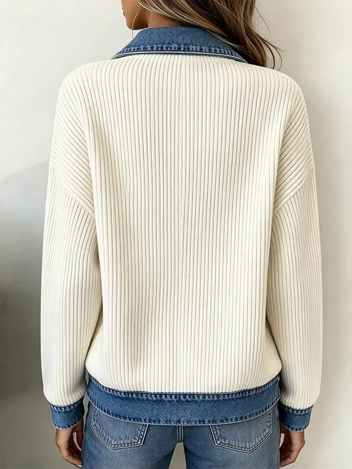 CLEARANCE SALE🔥Women's Casual Ribbed Knit Zip-Up Jacket with Contrast Denim Details