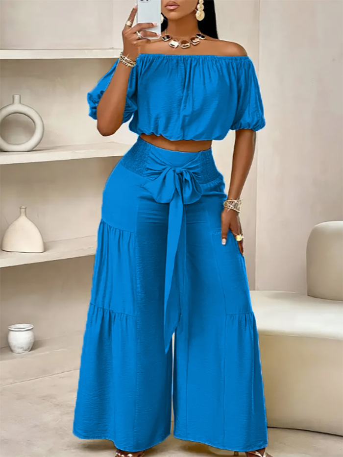 Off-Shoulder Puff Sleeve Top & Wide-Leg Pants 2-Piece Set – Elegant, Comfortable & Perfect for Summer Days ☀️