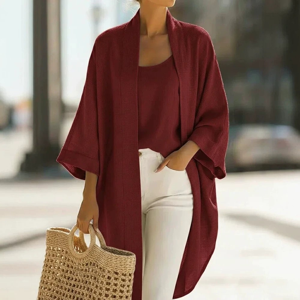 Casual Loose Linen Blend Kimono Jacket Camisole Set Comfort Fit Elegant Two Piece Matching Loungewear Set