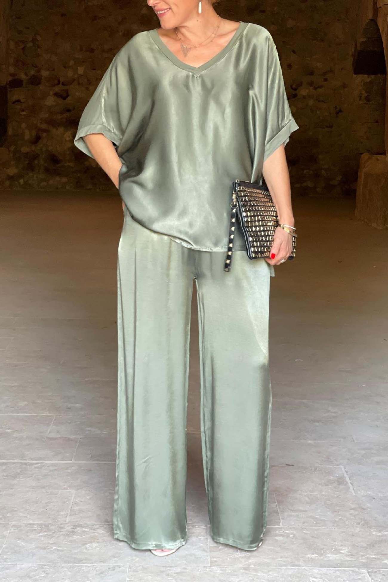 Women's V-Neck Tops Long Pants Set Casual Loose Outfit Summer Homewear Suit