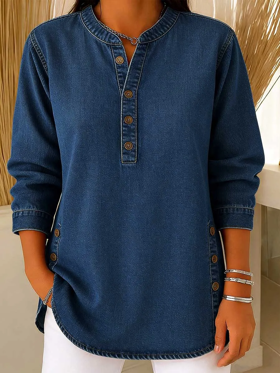 Women's Retro V-neck Long-sleeved Casual Button-up Loose Denim Top