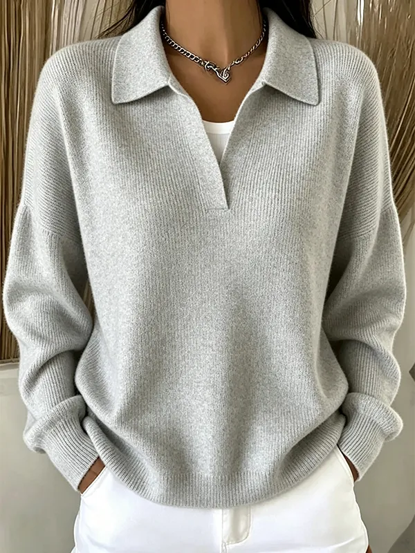 Casual Loose Polo Neck Sweater Elegant Solid Ribbed Knit Pullover