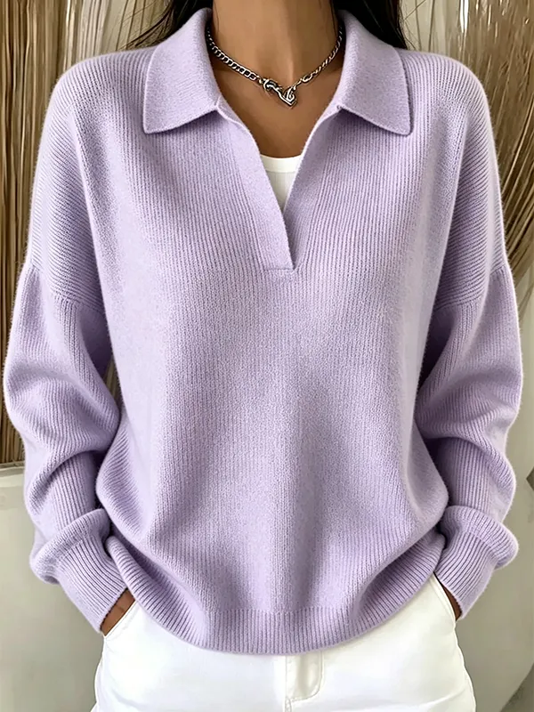 Casual Loose Polo Neck Sweater Elegant Solid Ribbed Knit Pullover