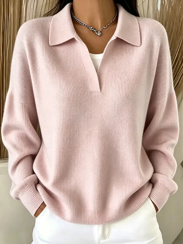 Casual Loose Polo Neck Sweater Elegant Solid Ribbed Knit Pullover