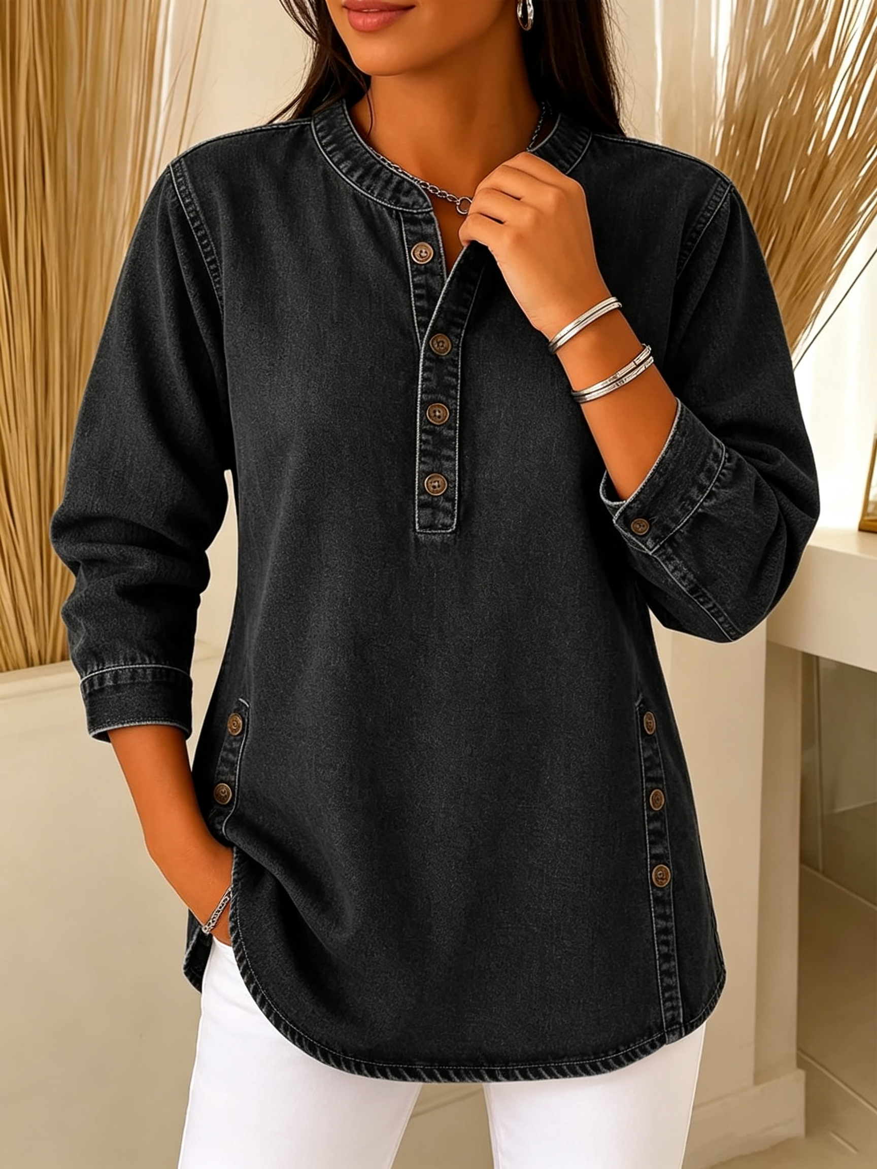 Women's Retro V-neck Long-sleeved Casual Button-up Loose Denim Top