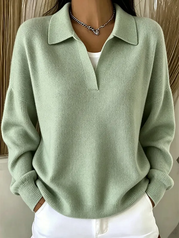 Casual Loose Polo Neck Sweater Elegant Solid Ribbed Knit Pullover