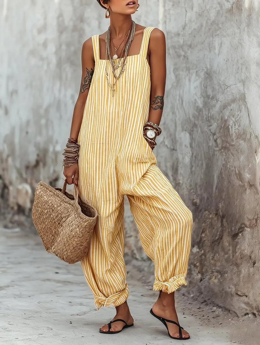 Women's Minimalist Striped Loose-Fit Square-Neck Sleeveless Jumpsuit