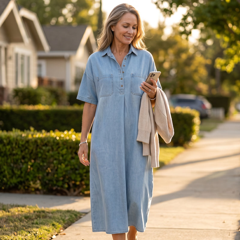 👗 49% OFF NOW! 👖 Casual Pocket Denim Midi Shirt Dress